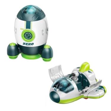 Imagem de Kit 2 Brinquedos Espaciais Infantis com Astronauta, Movimento por Fricção, Material Plástico, para Crianças acima de 3 Anos (Nave + Foguete Verde)