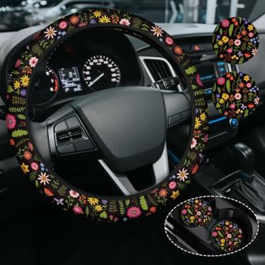 Imagem de Capa de volante floral retrô com flores, antiderrapante, alta elasticidade, acessórios para carros, capas de volante, universal de 38 cm para carros, SUVS, inclui 2 porta-copos de cerâmica