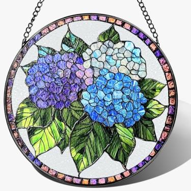 Imagem de Enfeite de vitral de 20 cm, pendurado em vitral, decoração para pendurar na janela, enfeite de hortênsia azul | Natal, dia das mães, aniversário | presentes para mãe, presentes de jardim para amigos
