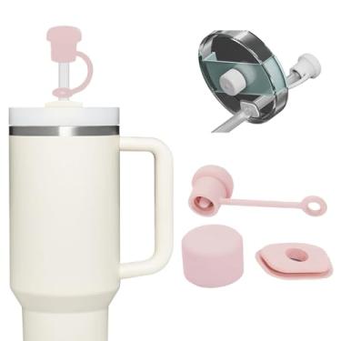 Imagem de Kit de tampas de palha, tampas à prova de poeira e derramamento para acessórios Stanley Cup 30/1,134 g, acessórios reutilizáveis para garrafa de água com capa inferior de bota de silicone (rosa)