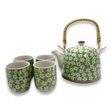 Imagem de Jogo de Chá com Bule de Porcelana 900ml com Infusor e 4 Copos 150ml | Kit Café Tokyo 30a(Verde com Flores Brancas)