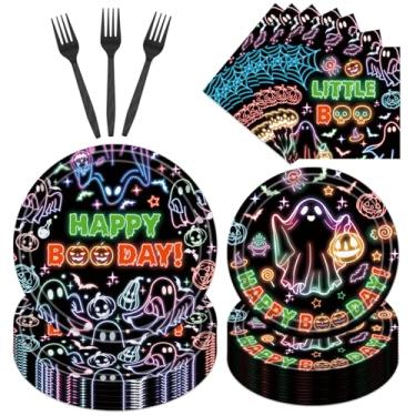 Imagem de Inisajace Conjunto de pratos e guardanapos de Halloween, 96 peças, decoração de utensílios de mesa para festa de Dia das Bruxas, papel descartável, utensílios de jantar fantasma, decorações de