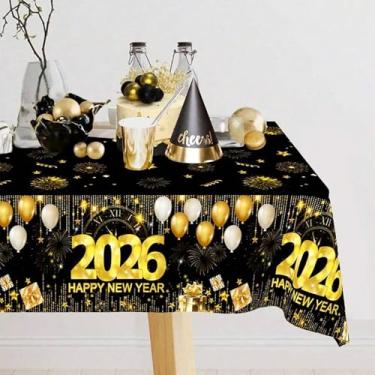 Imagem de Toalha de mesa de feliz ano novo de 2026 – capa de mesa descartável preta e dourada para decorações de véspera de ano novo, celebrações de férias e eventos festivos (130 x 213 cm)