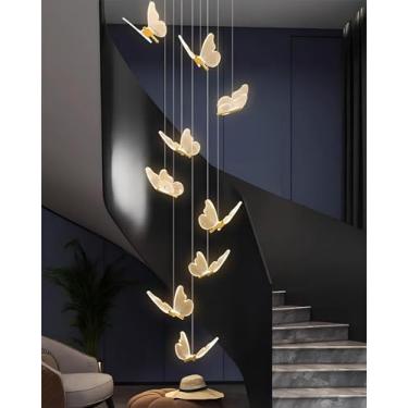 Imagem de Lustre LED em formato de borboleta, luminária pendente decorativa para escada, altura ajustável, para uso interno em residências, com luz dourada, dimerizável, ideal para sala de estar, rest
