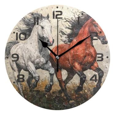 Imagem de JUZIHAI Relógio de parede com dois cavalos de corrida, silencioso, sem tique-taque, relógios de parede redondos operados por bateria, fácil de ler, relógio decorativo de parede para casa, cozinha