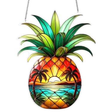 Imagem de Vitral pendurado na janela, abacaxi de verão, coqueiro, havaiano, apanhadores de sol, painel de vidro colorido, frutas tropicais, decoração para janela, jardim, presentes criativos de 20 cm, decoração