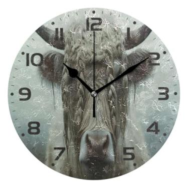 Imagem de JUZIHAI Relógio de parede Highland Cow, silencioso, redondo, sem tique-taque, operado por bateria, fácil de ler, relógio decorativo de parede para casa, cozinha, sala de estar, quarto, escritório, 25