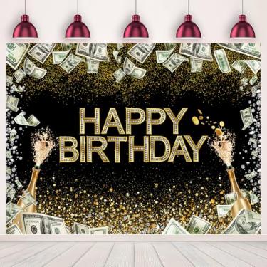 Imagem de 2,8 x 1,5 m, fundo fotográfico feliz aniversário com diamantes brilhantes moeda de ouro preto brilhante pano de fundo para fotos tema bilhões dinheiro cassino festa decoração estúdio estande adereços