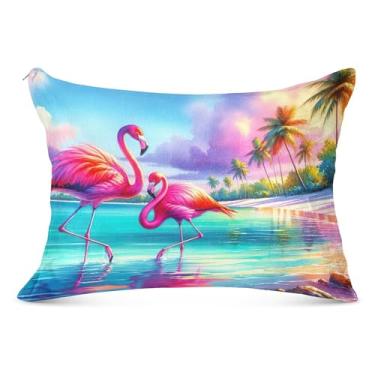 Imagem de Aquarela Flamingos Praia Flanela Fronha Decorativa Padrão Queen King Body Size Travesseiros Brilhantes Decoração de Cama Presentes Decoração de Cama, Tamanho Queen, 50,8 cm x 76,2 cm