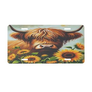 Imagem de Placa de carro de vaca highland girassol para frente do carro placas de carro alumínio metal adequado para caminhão placa de porta de carro bar café acessórios automotivos para homens mulheres 15 x 30