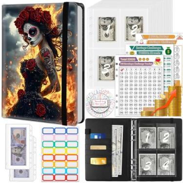 Imagem de Fichário de desafio de economia de dinheiro com 100 envelopes, couro de poliuretano, fichário de orçamento para economia de dinheiro A5 com envelopes de dinheiro e 3 rastreadores de orçamento