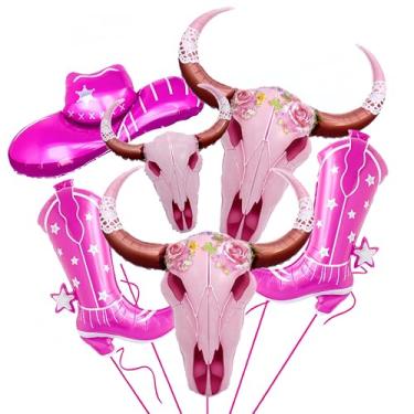 Imagem de 6 PCS Pink Western Cowgirl Balloon Set, Pink Bull Skull Balloon with Lace, Cowgirl Boot & Hat Balloons for Last Rodeo, Rustic Western Bachelorette, Country Wedding, Boots-On-The-Ground Party Decor