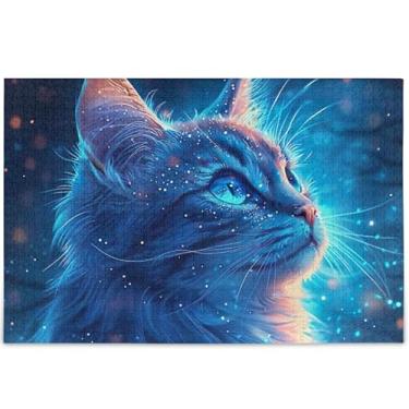 Imagem de Quebra-cabeça de gato fofo estrelas azuis 500 peças adultos amigos família jogos presentes cena natureza quebra-cabeça personalizado arte de pintura animal, 52 cm x 37,8 cm