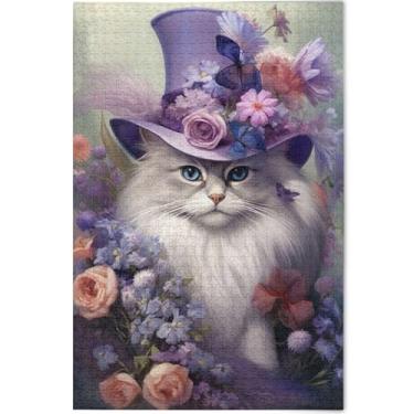Imagem de Quebra-cabeças de chapéu de flores de gato engraçados personalizados 1000 peças para adultos impressão de arte animal legal grande jogo engraçado, 75 x 50 cm