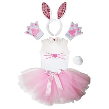 Imagem de Petitebella Camisa de nariz de coelho, faixa de cabeça, tutu, 6 peças, fantasia para meninas 1-8 anos (rosa, 6-8 anos)