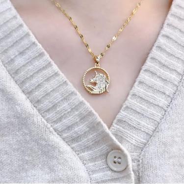 Imagem de Colar com pingente de unicórnio redondo de cristal para mulheres, banhado a ouro, moderno, zircônia, círculo, pingentes, gargantilhas, colares ajustáveis, joias delicadas de festa de aniversário, 45,7