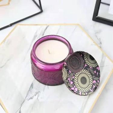 Imagem de Suporte de vela de vidro para luz de chá com tampa, luzes de chá coloridas, suportes de velas, centros de mesa para festa de casamento, castiçais votivos de vidro peças centrais de casamento (Roxo)