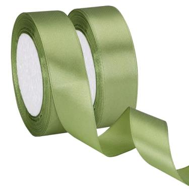Imagem de EUSOAR Fita verde sálvia, 2 rolos de fita de cetim de tecido de 2,5 cm x 50 m, fitas de seda de casamento para artesanato embrulho de presente buquê de flores convites feitos à mão para festa de