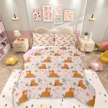 Imagem de Erosebridal Jogo de cama casal, capivara, para meninas, animais fofos, para crianças, adolescentes, quarto, capivara, com estampa floral, ramos florais, edredom rosa
