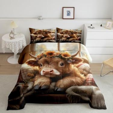 Imagem de Conjunto de edredom 3D de vaca Highland, tamanho casal, rústico, para decoração de quarto, animais fofos, para crianças, meninos, meninas, estilo country ocidental, 3 peças