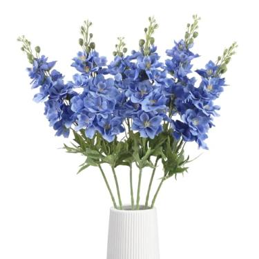 Imagem de IPOPU Flores artificiais Delphinium azuis, 6 peças, Delphinium falso, volume de 72 cm, flores snapdragon falsas de seda realistas com hastes para decoração de casa de mesa de jardim de casamento (azul