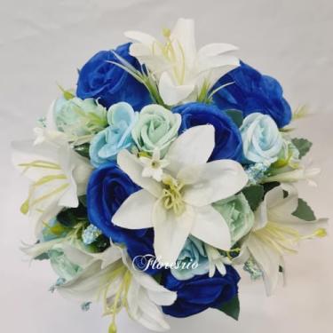 Imagem de Buquê de Noiva Artificial com Flores Coloridas para Casamento Civil ou Religioso(Lírio Branco/Azul claro&escuro)