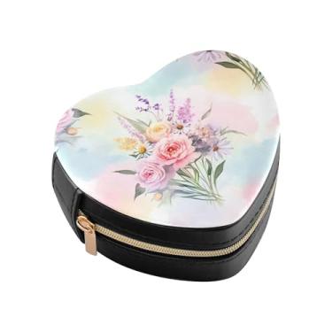Imagem de Burbuja Caixa de joias em forma de coração com flores pastel, mini estojo de viagem para mulheres e meninas, organizador portátil de armazenamento para brincos, anéis, colares e pulseiras