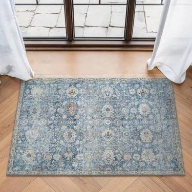 Imagem de Bloom Rugs Tapete lavável antiderrapante 2x3 - Tapete de área oriental tradicional azul/bege para sala de estar, quarto, sala de jantar e cozinha - Tamanho exato: 5 x 7 cm