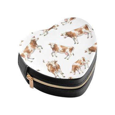Imagem de Burbuja Caixa de joias em forma de coração de vacas em aquarela mini estojo de joias de viagem para mulheres e meninas, estojo portátil organizador de armazenamento para brincos, anéis, colares e