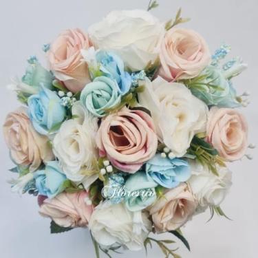 Imagem de Buquê de Noiva Artificial com Flores Coloridas para Casamento Civil ou Religioso(Rosaoutono/Branco/Azul)