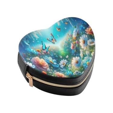 Imagem de Burbuja Caixa de joias em forma de coração com flores de fada, mini estojo de viagem para mulheres e meninas, organizador portátil de armazenamento para brincos, anéis, colares e pulseiras