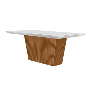Imagem de Mesa De Sala Jantar Luna C- Tampo 180x90cm Madeirado Vidro Canto Curvo - Imbuia-ripado 3d-off White - Rufato