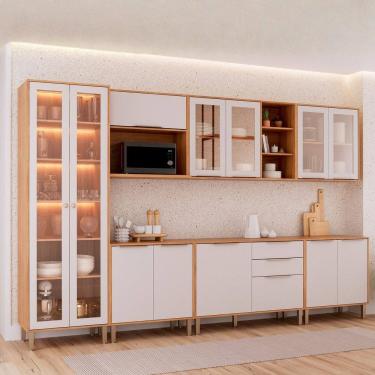 Imagem de Cozinha Modulada 7 Peças Brilhante com 1 Cristaleira 3 Balcões 3 Armários Aéreo Cinamomo/Offwhite