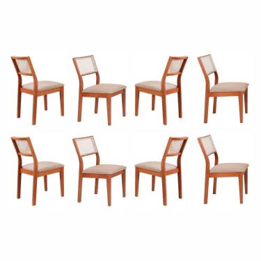 Imagem de Kit 8 Cadeiras Madeira Maciça com Estofado e Fibra Natural Rattan Maya Espresso Móveis Cinamomo/Bege