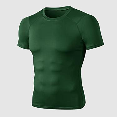 Imagem de Camiseta esportiva masculina de secagem rápida elástico fino tops manga curta corrida academia fitness(Medium)(Verde escuro)