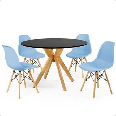 Imagem de Conjunto Mesa de Jantar Redonda Marci Preta 100cm com 4 Cadeiras Eames Eiffel - Azul Claro