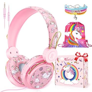 Imagem de QearFun Fones de ouvido unicórnio para meninas e crianças para escola, fones de ouvido com fio com microfone e conector de 3,5 mm, fones de ouvido com cancelamento de ruído para adolescentes