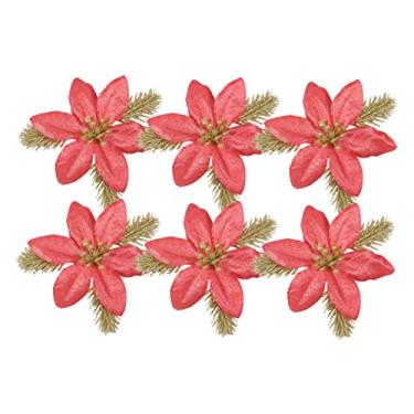 Imagem de RORPOIR 6 Unidades flor artificial para o natal enfeites natal decorações de natal flores de poinsétia rosa flor da árvore de natal decoração decorativo flor de brilho enfeite de flor