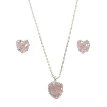 Imagem de Colar De Prata 925 45cm Pingente Brinco Ponto De Luz Rosa