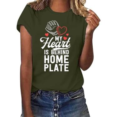 Imagem de Camiseta PKDong Baseball Mom My Heart is Behind Home Plate Letter Printed Shirts Manga Curta Gola Redonda Casual Verão Camisetas Tops, Verde grama, G