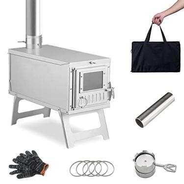 Imagem de LynsaTac Fogão portátil de acampamento para acampamento, pesca no gelo, churrasqueira, caminhadas, viagens, fogão a lenha portátil com chaminés de 21 cm