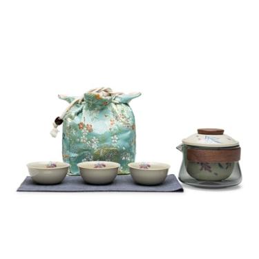 Imagem de SILINE Requintado conjunto de chá Gaiwan de cerâmica, infusor de porcelana, xícaras de chá Kungfu, copo de compartilhamento e tapete, portátil para casa, negócios, exterior, hotel (roxo)