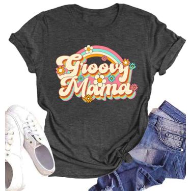 Imagem de Camiseta feminina Stay Groovy com estampa floral retrô hippie anos 70 camiseta verão, Mamãe cinza, M