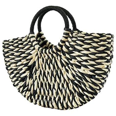 Imagem de QZUnique Bolsa feminina de palha tecida à mão bolsa de verão para praia bolsa retrô de vime bolsa de viagem com alça superior redonda de madeira, D-cloud, One Size
