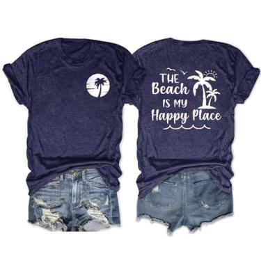 Imagem de Camisetas de praia femininas verão The Beach is My Happy Place camiseta manga curta havaiana meninas viagem férias camisetas, Azul escuro, P