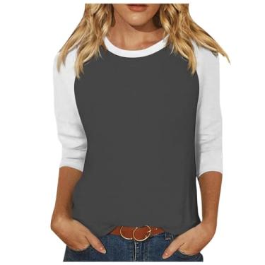 Imagem de Camisetas femininas de manga 3/4 de comprimento de verão, cores contrastantes, gola redonda, blusas de comprimento três quartos, Ofertas relâmpago cinza escuro, P