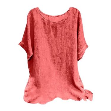 Imagem de Camisetas femininas de linho de algodão manga curta casual gola redonda camiseta grande cor sólida solta verão roupas de praia, Coral, G