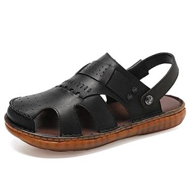 Imagem de Sandálias de couro casuais para homens, chinelos de verão de dupla finalidade respiráveis e leves, sandálias de praia ajustáveis ao ar livre com tira de calcanhar(Color:Black,Size:38 EU)