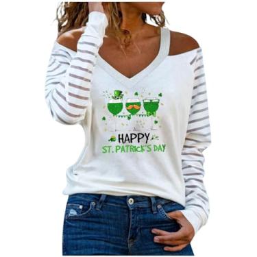 Imagem de Nagub Camiseta feminina Happy St Patricks Day, manga comprida, gola V, trevo da Irlanda, ombros de fora, camisas modernas, plus size, túnica, Happy St Patricks Day, G