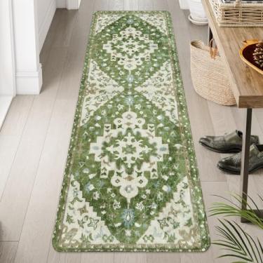 Imagem de Uphome Tapete vintage para corredor de banheiro verde sálvia boho antiderrapante corredor de cozinha oriental macio lavável na máquina tapete de corredor floral tribal tapete de chuveiro estético para